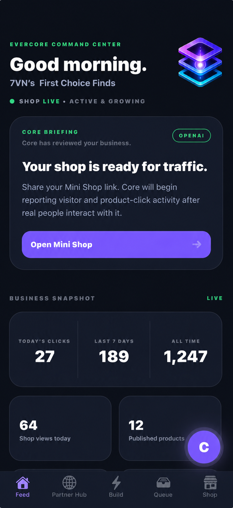 EverCore app dashboard